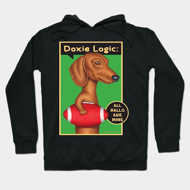 Football Doxie Dog on Dachshund Holding Red Football tee Hoodie by Danny Gordon Art